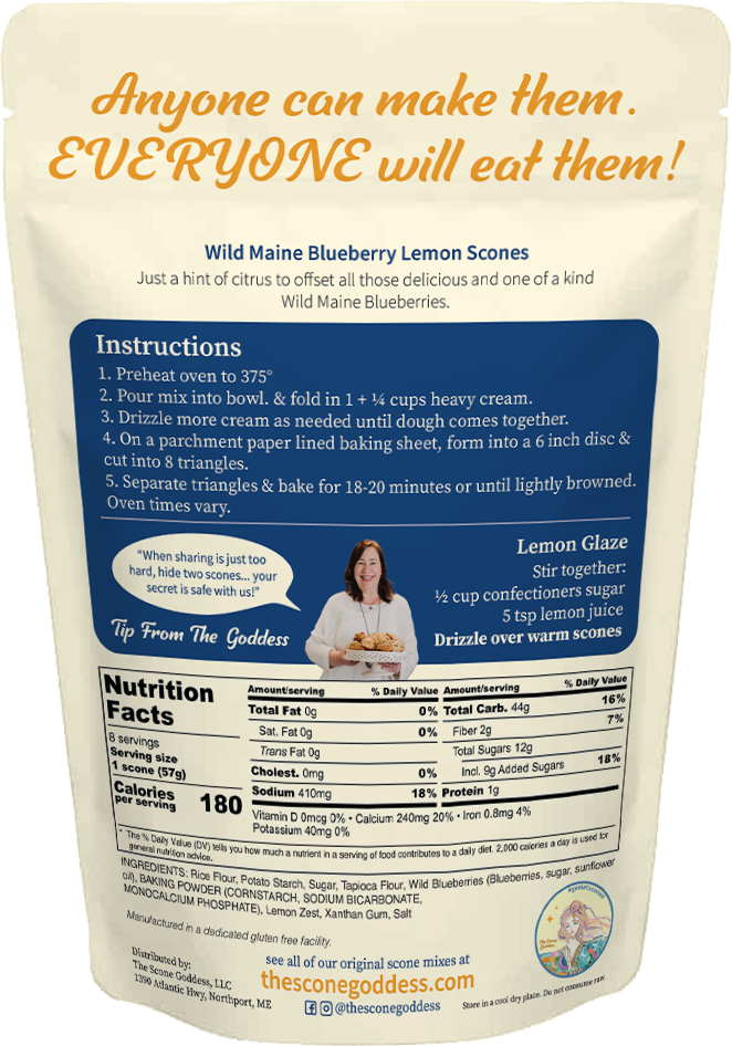Gluten Free Wild Maine Blueberry Lemon Scone Mix back label — proprietary allergen-free flour blend, no butter or eggs required