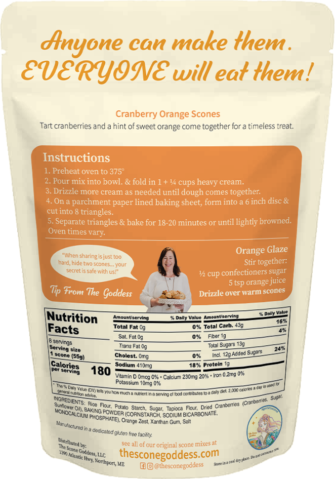 Gluten Free Cranberry Orange Scone Mix ingredients — proprietary allergen-free flour blend, real cranberries, no butter or eggs