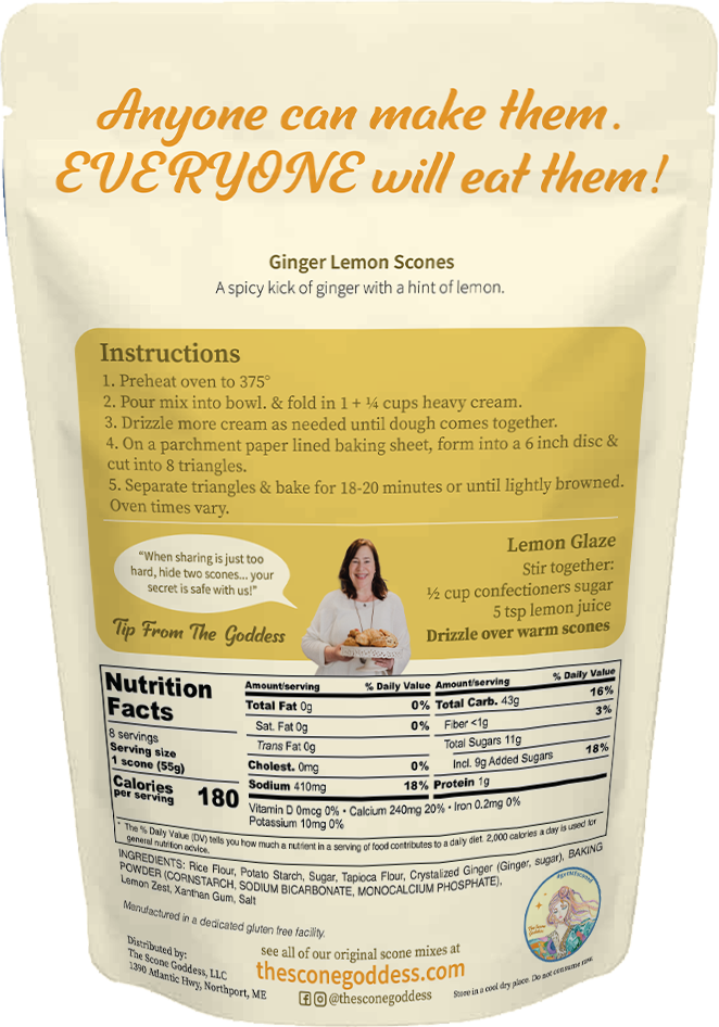 Gluten Free Ginger Lemon Scone Mix ingredients — proprietary allergen-free flour blend, real ginger and lemon, no butter or eggs