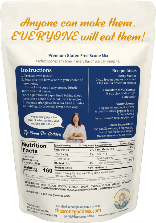 Gluten Free Scone Mix ingredients label — proprietary allergen-free flour blend, no butter or eggs required