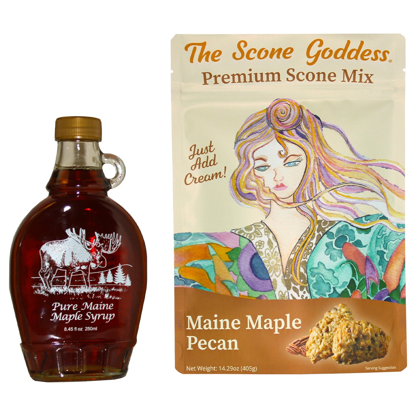 The front of a Maine Made Maple Pecan scone mix bag. Featuring hilltop boilers maple sugar in every mix. Just add cream!