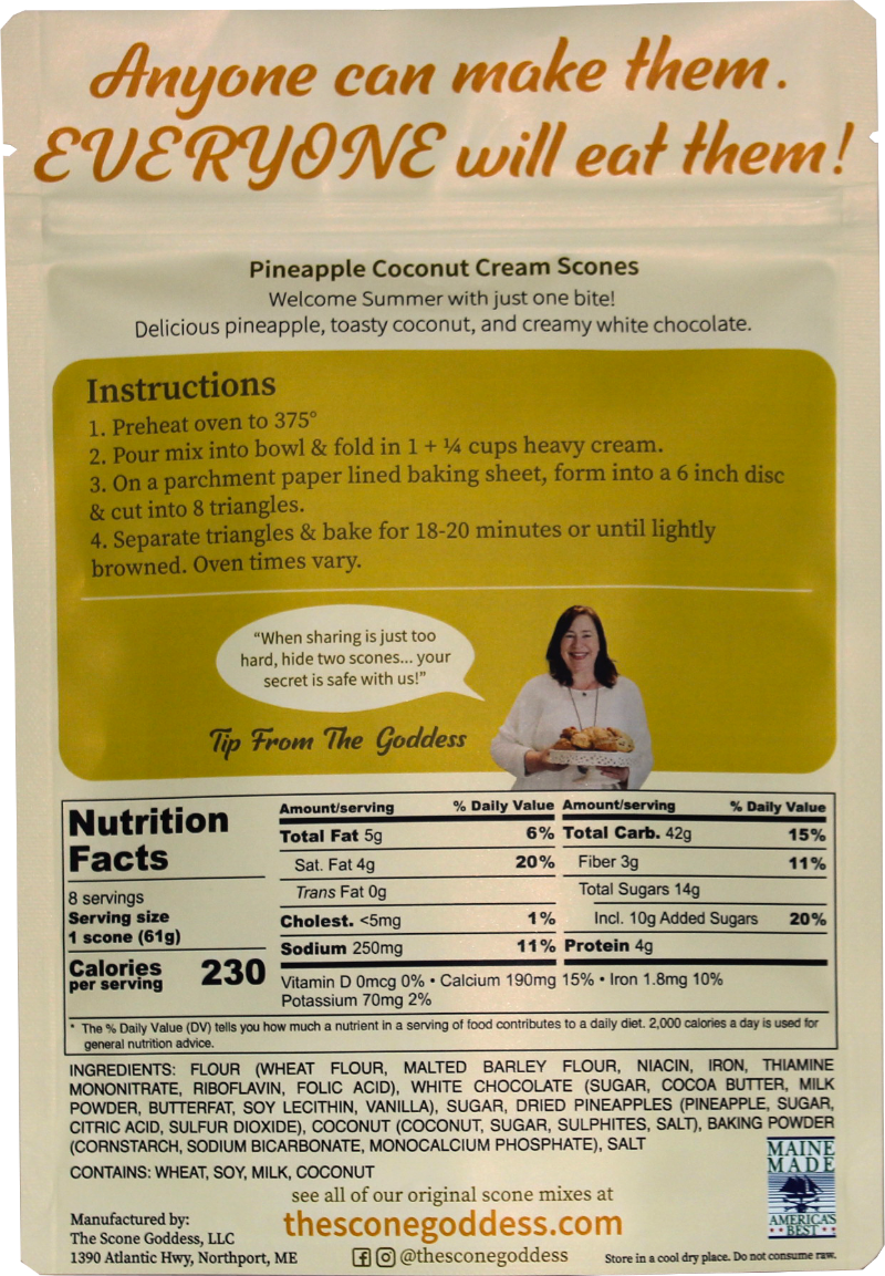 Pineapple Coconut Cream Scone Mix ingredients — real pineapple, toasted coconut, and white chocolate, no butter or eggs required