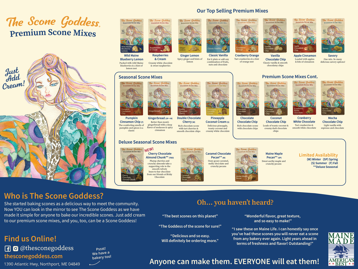 The Scone Goddess wholesale line sheet featuring 19 unique flavors including both Deluxe and Premium Scone Mixes, available year round or seasonal.