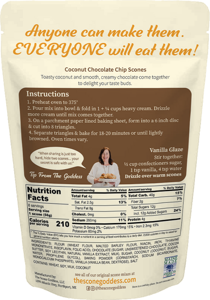 Back of a coconut chocolate chip scone bag showing printed instructions, nutrition facts, a small photo of a woman, and the phrase 'Anyone can make them. EVERY one will eat them!' on a white background.