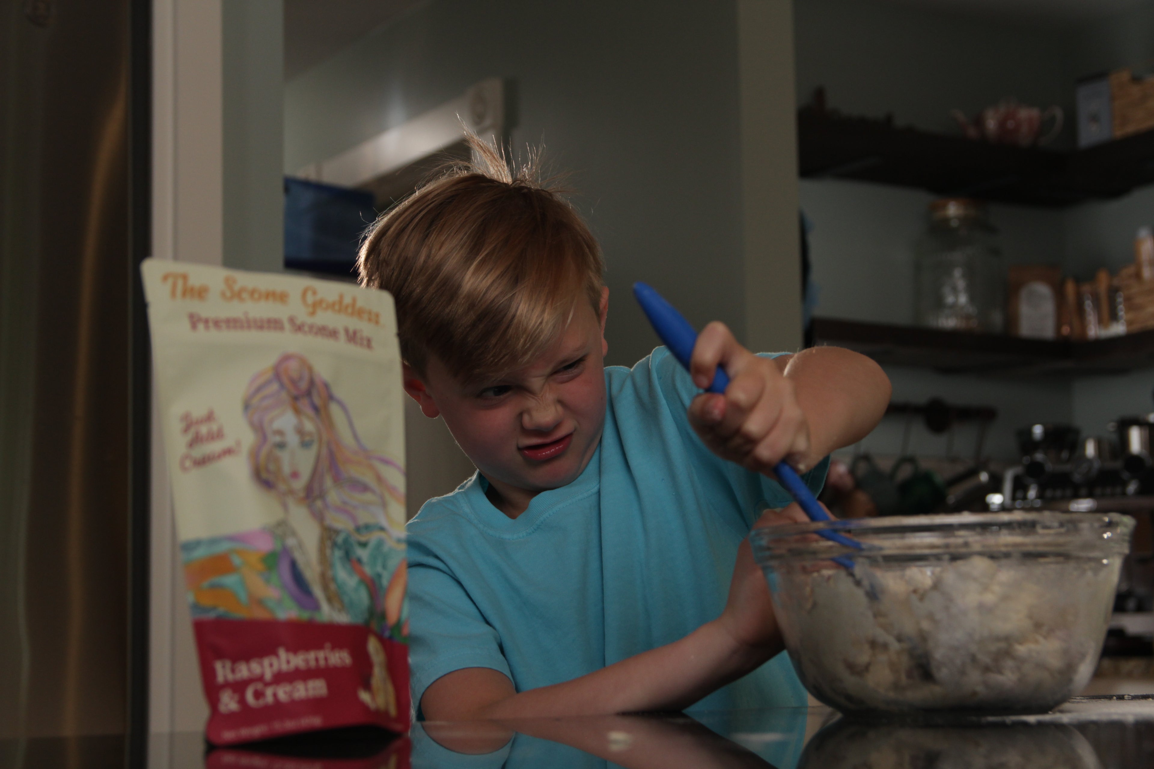 Load video: This kid can bake! Leon (8 years old) baked The Scone Goddess Raspberries &amp; Cream Premium Scone Mix.