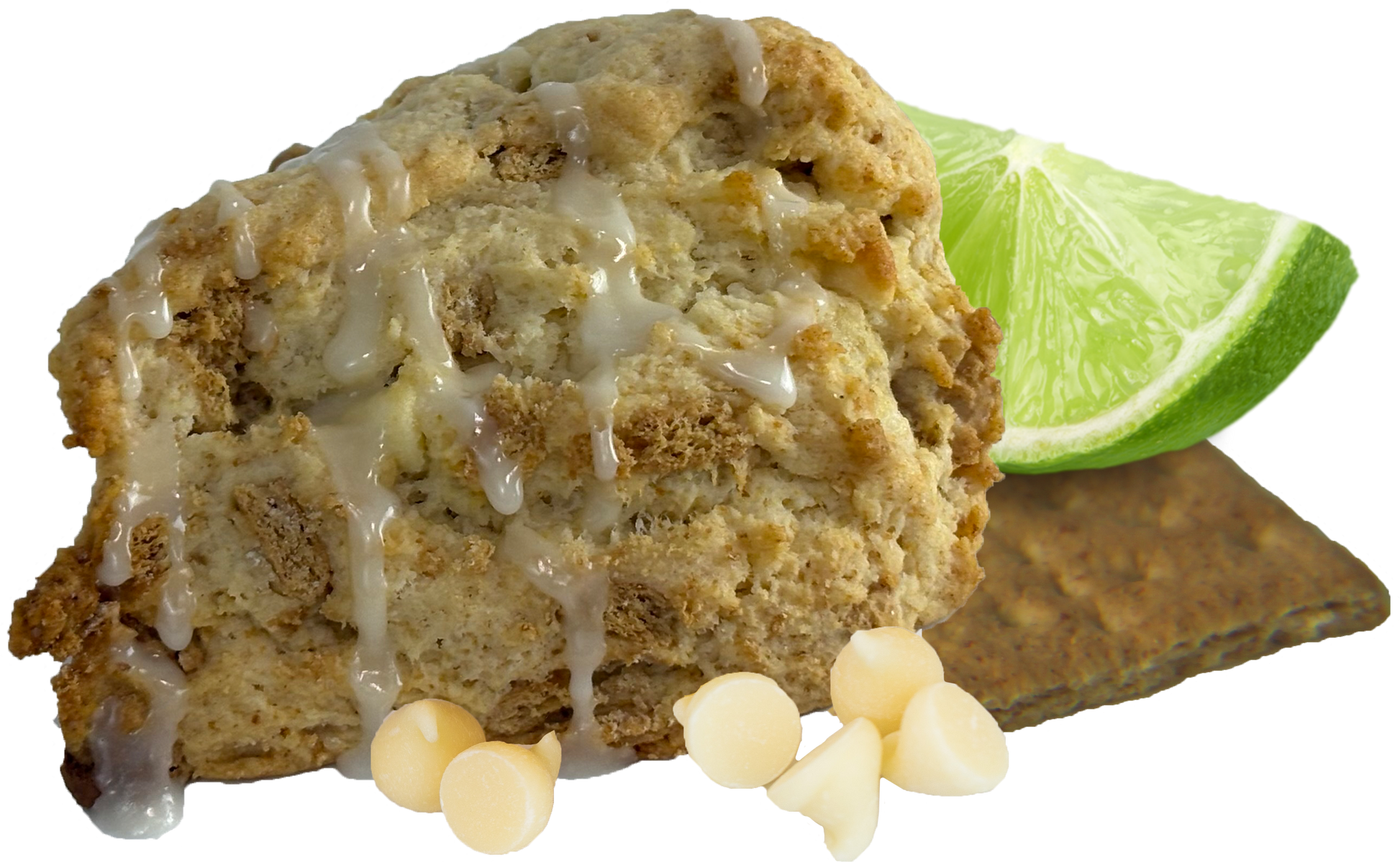 A golden key lime pie scone with a powdered sugar lime glaze, baked from The Scone Goddess mix