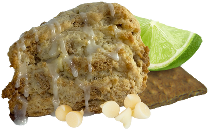A golden key lime pie scone with a powdered sugar lime glaze, baked from The Scone Goddess mix