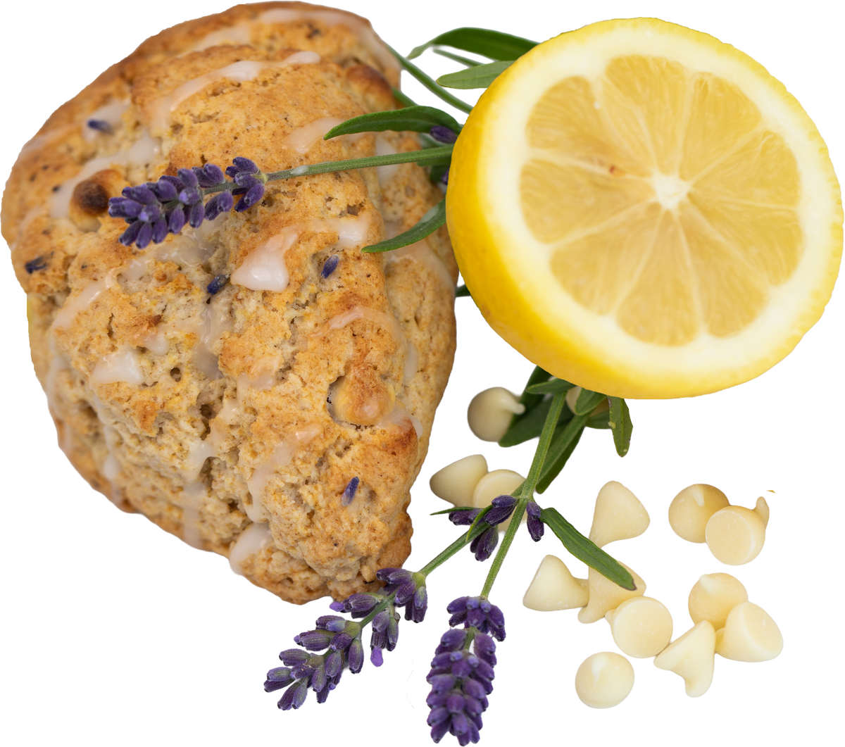 Close-up of a tender lavender lemon cream scone with a light lemon glaze and dried lavender garnish, baked from The Scone Goddess mix