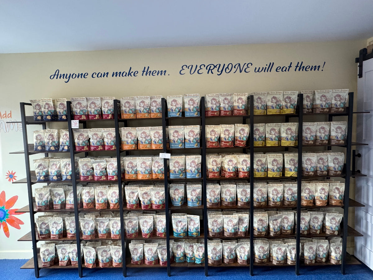 An assortment of The Scone Goddess mixes on shelves at their flagship bakery in Northport Maine
