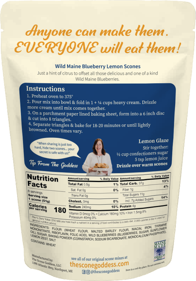 Back of a Wild Maine Blueberry Lemon Scones bag showing the full recipe card, nutrition facts, ingredients, and branding on a cream background.