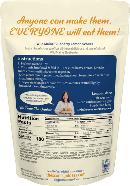 Back of a Wild Maine Blueberry Lemon Scones bag showing the full recipe card, nutrition facts, ingredients, and branding on a cream background.