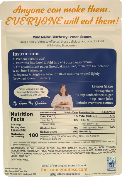 Wild Maine Blueberry Lemon Premium Scone Mix nutrition panel